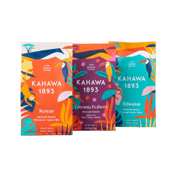 Three colorful coffee packages labeled 'Kahawa 1893' on a white background